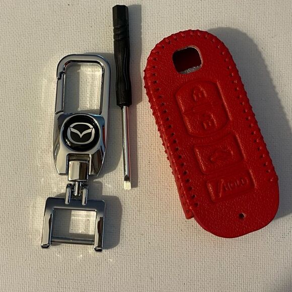 Mazda Key Fob Keychain in metal & Fob Case Cover in Red Leather NWT - Picture 1 of 8